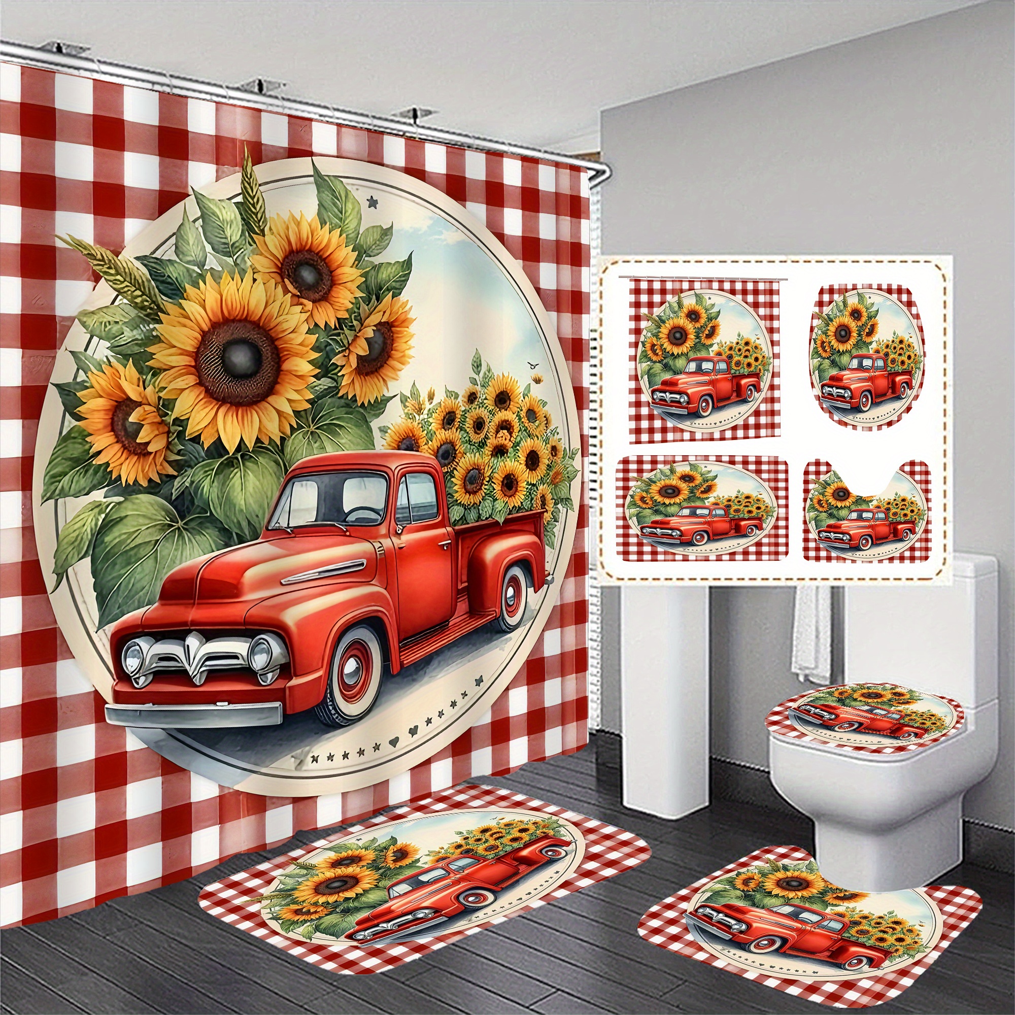 

Vintage And Sunflower Shower Curtain Set With 12 Hooks, Woven Polyester Fabric, Hand Washable, Non-slip Bath Mat Set, Toilet Mat, Toilet Lid Cover, Fashion Pattern, Decor Accessories