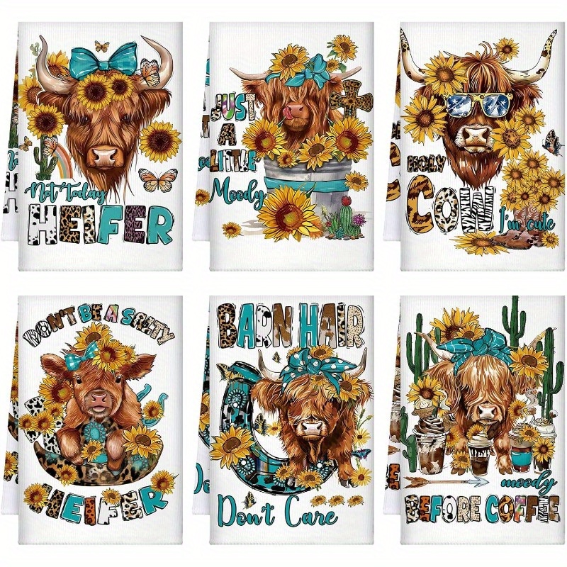 

6pcs Set 18 By 26 Inch Kitchen Towel Multi- Household Items Kitchen Cleaning Highland Cow Kitchen Towel, Fun Highland Cow Tea Towel, Sunflower Dish Towel, Western Farm Cow Hand Towel