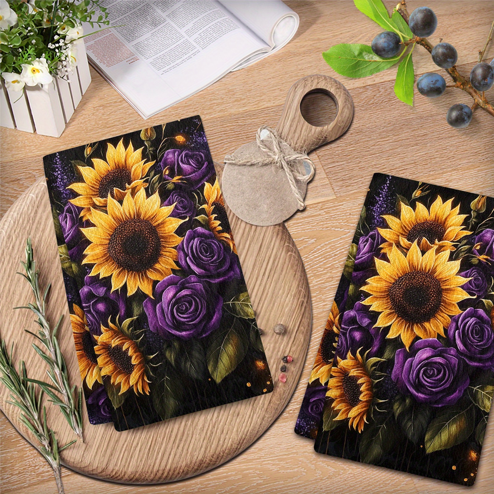 

2-pack Sunflower And Purple Rose Kitchen Towels - Modern Style Microfiber Dish Cloths, Super Absorbent, Machine Washable, Woven For Durability, Cartoon Floral Theme, Ideal For Home, Thanksgiving, And