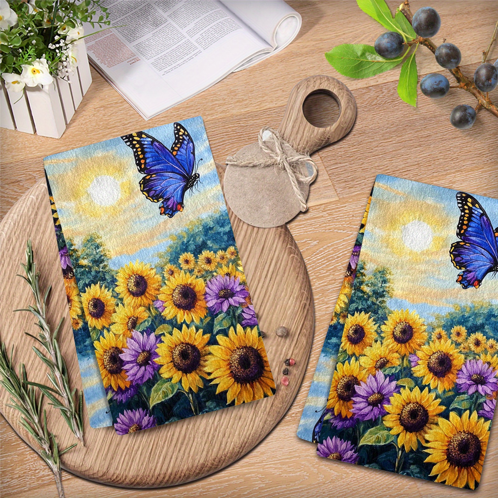 

Sunflower & Butterfly Microfiber Kitchen Towels, Set Of 2 - Modern Woven Dish Cloths, Absorbent & Machine Washable, Ideal For Cooking & Decor, Housewarming Gift - Cartoon Theme Dish Towels