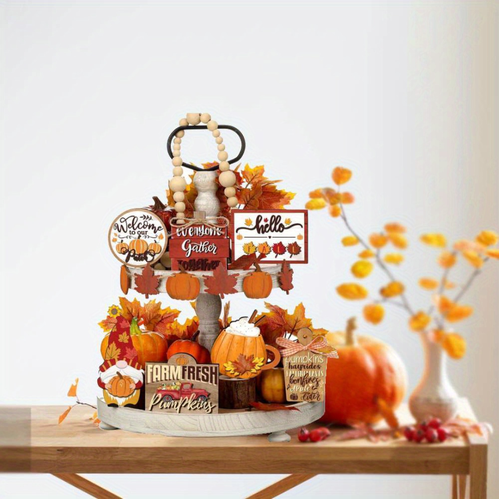 

Thanksgiving Tray Decoration Set Autumn Pumpkin Maple Leaf Layered Tray Decorative Crafts Ornaments Desktop Center Decoration Thanksgiving Party Supplies 15pcs