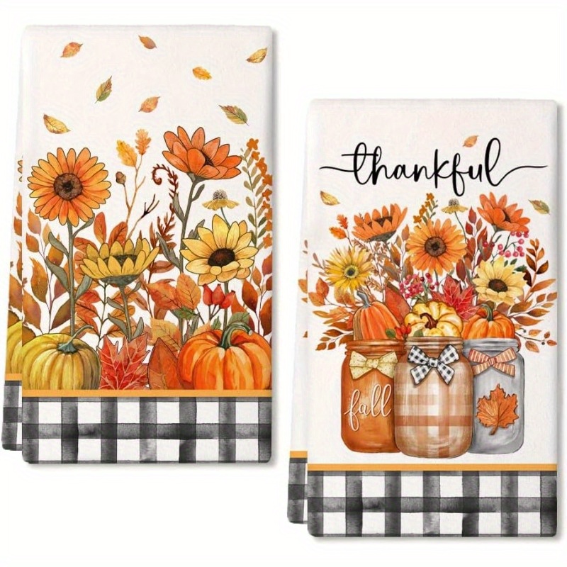 

2pcs Set Pumpkin Kitchen Towels - , Polyester Dish Cloths With Orange Vase & Design For Thanksgiving Decor