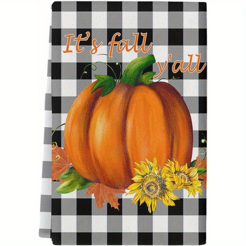 

Contemporary Fall Harvest Kitchen Towels Set Of 1 - 18x26 Inch, Super Soft Woven Polyester Blend, Machine Washable, Fantasy Theme With Pumpkin And Sunflowers, Black And White Buffalo Check Design