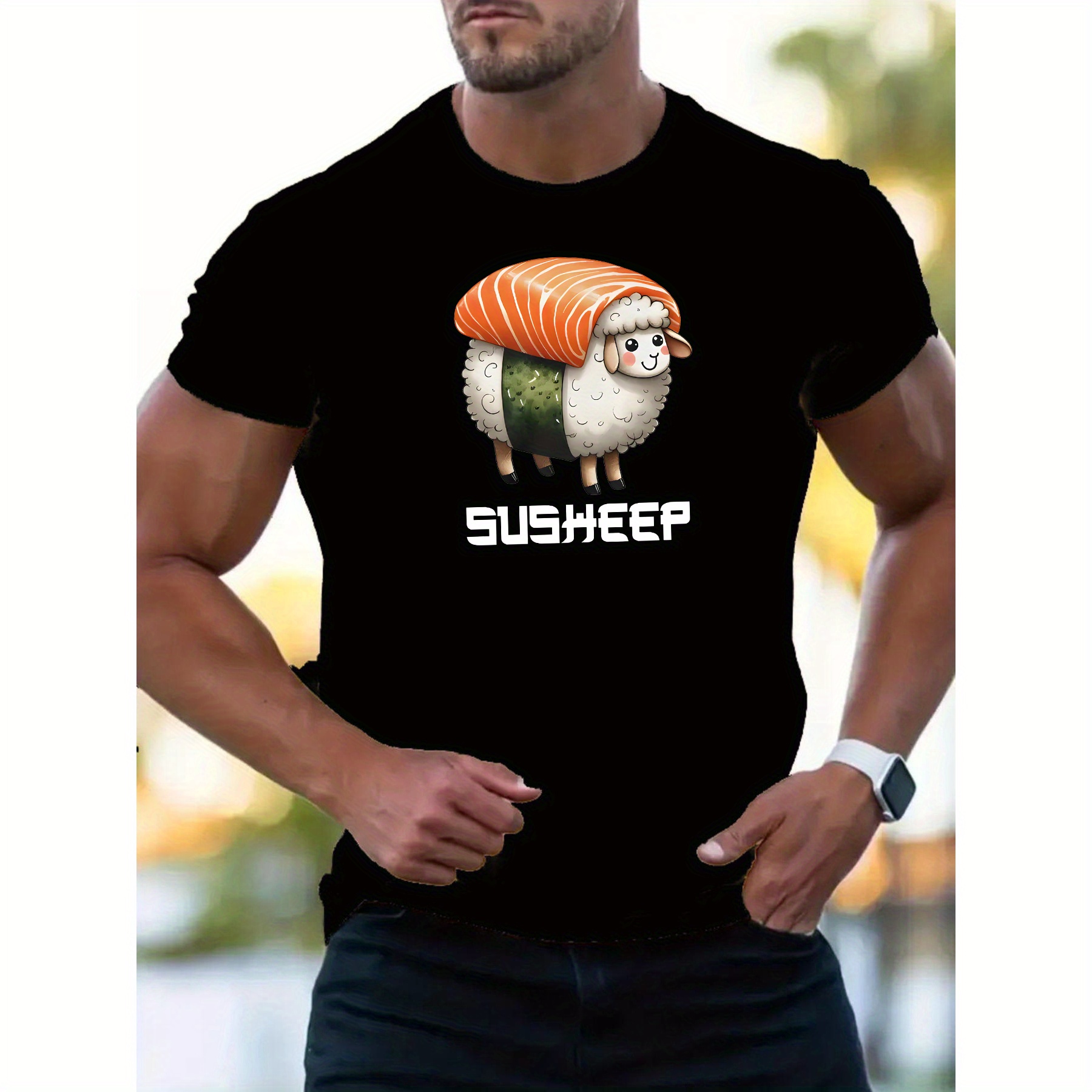 

Men's Polyester Sushi Sheep Printed Crew Neck T-shirt - Casual Geometric Pattern Knit Fabric Shirt With Slight Stretch, Regular Fit Short Sleeve Top For Daily Wear