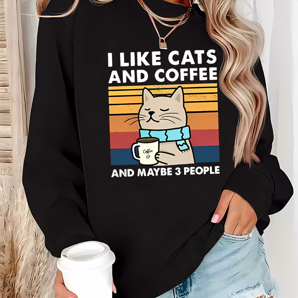 

Women's Casual Crew Neck Sweatshirt With "i Like Cats And Coffee" Cartoon Print - 100% Polyester Knit Fabric, All-season Comfort, Slight Stretch Pullover