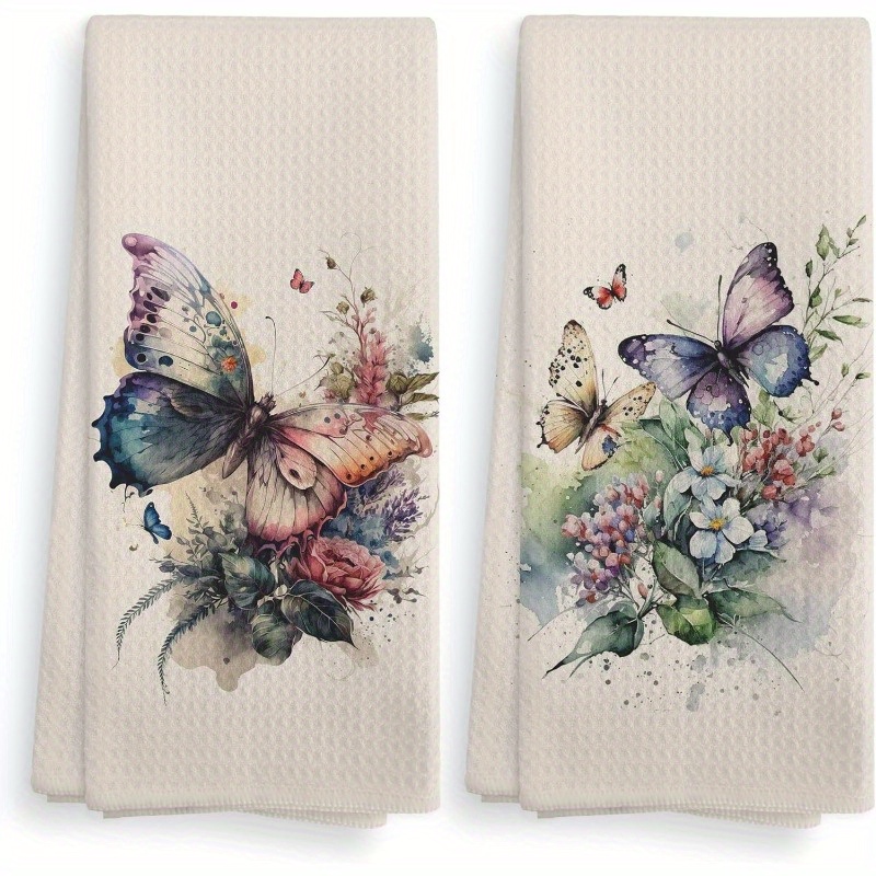 

2-piece Set Contemporary Butterfly & Floral Woven Kitchen Towels - Polyester Soft Absorbent Dish Cloths, Spring Wildflower Hand Drying Towels For Home, Machine Washable - 18x26 Inches