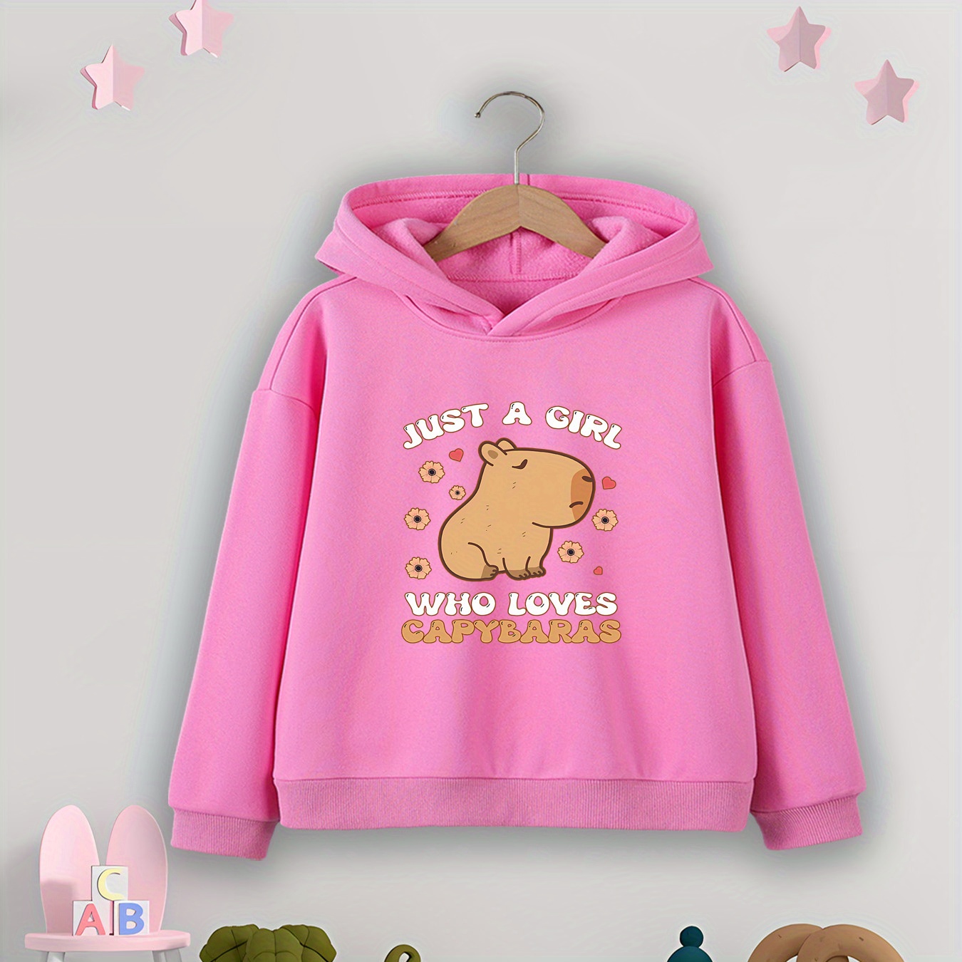 

Cute Capybara Print Hoodie For Youth - 100% Polyester Knit Fabric - Casual Pullover Long Sleeve - Regular Fit Hooded Top With Slight Stretch - Fall/winter Collection 12 And Under