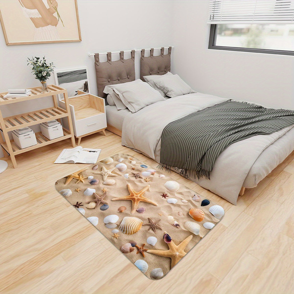 TEMU 1pc, Beach Starfish Shell Pattern Floor Mat, Bathroom Absorbent Floor Mat, Absorbent Anti-slip Bathtub Mat, Shower Basin Foot Mat, Bathroom Door