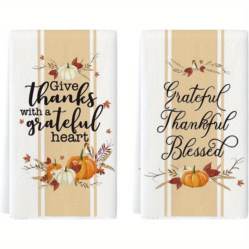 

2-pack Fall Harvest Pumpkin Kitchen Towels - 18x26 Inch Woven Polyester Blend Dish Cloths, Contemporary Super Soft Dish Towels With Grateful Thankful Blessed Theme, Machine Washable