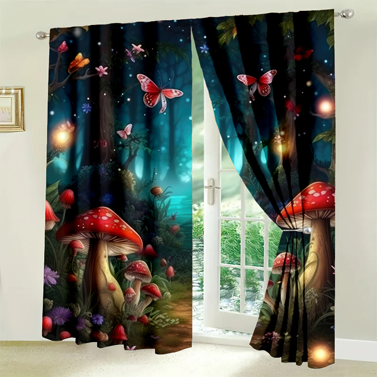 

2pcs Fantasy Mushroom Pattern Decorative Curtains, Artistic Style, Polyester, Seasonal All-year, Washable, Tieback Included, Bedroom Window Drapes