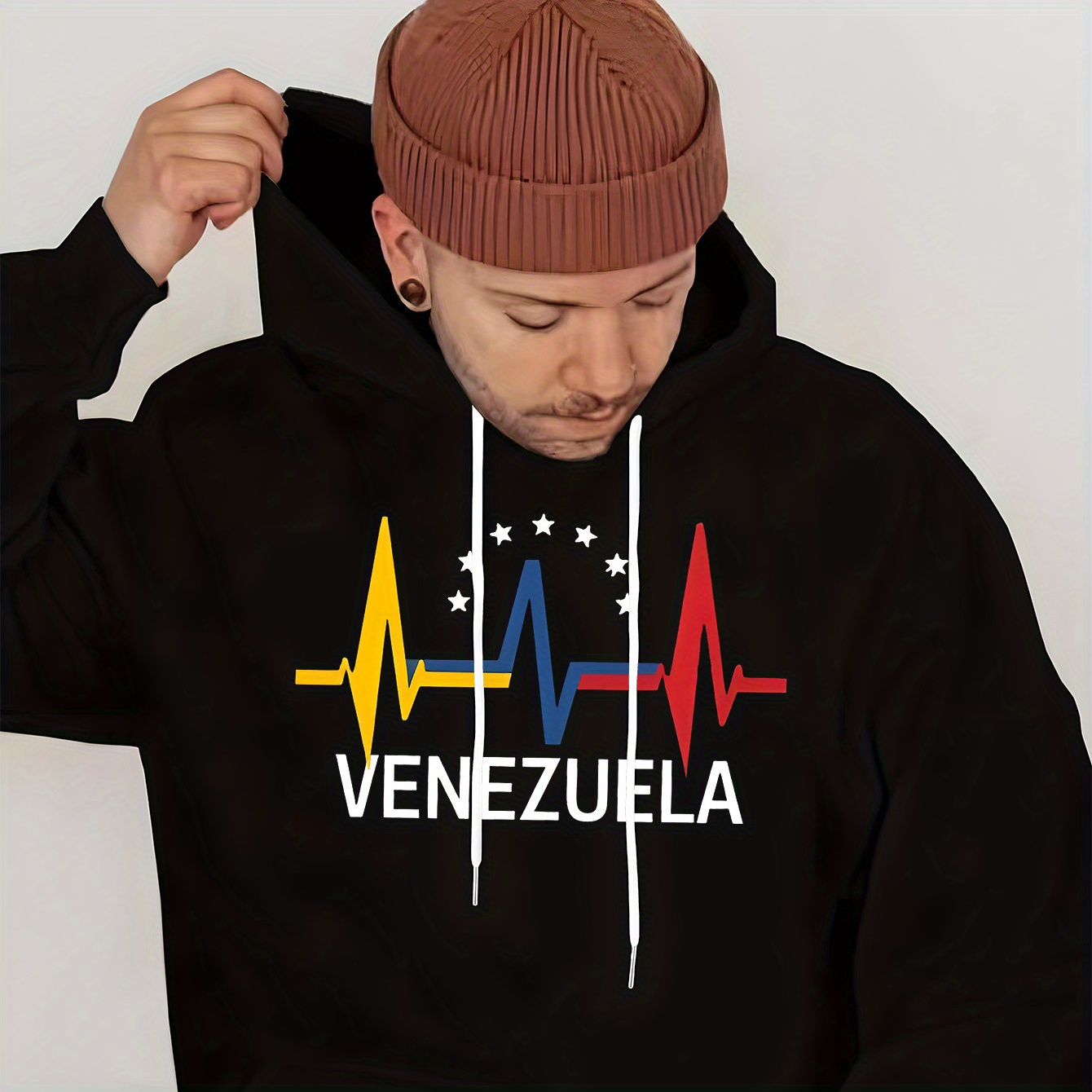 

Men's Hooded Sweatshirt With Venezuela Flag Heartbeat Print - Knit Fabric Loose Fit Pullover With Stretch, Fashion Polyester Hoodie With Front Pocket & Alphabet Pattern For Spring/autumn