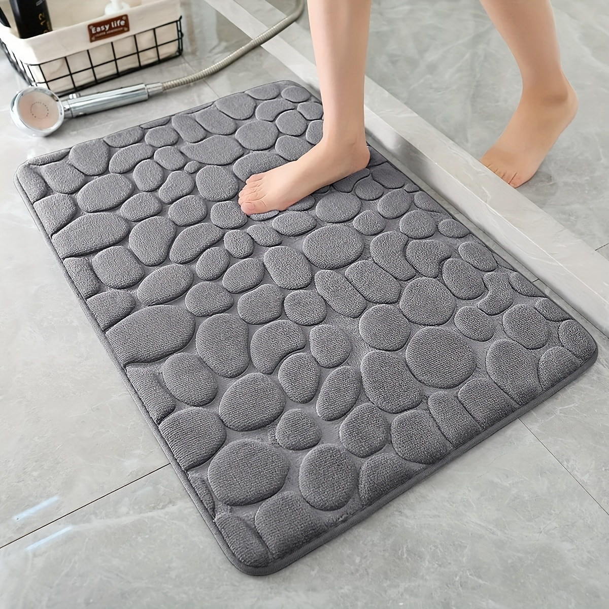 Memory Foam Bath Mat - Embossed Cobblestone Velvet Bathroom Rug, Anti-Slip & Absorbent Quick-Dry Floor Pad for Kitchen, Laundry Room, Bedroom Decor, Machine Washable