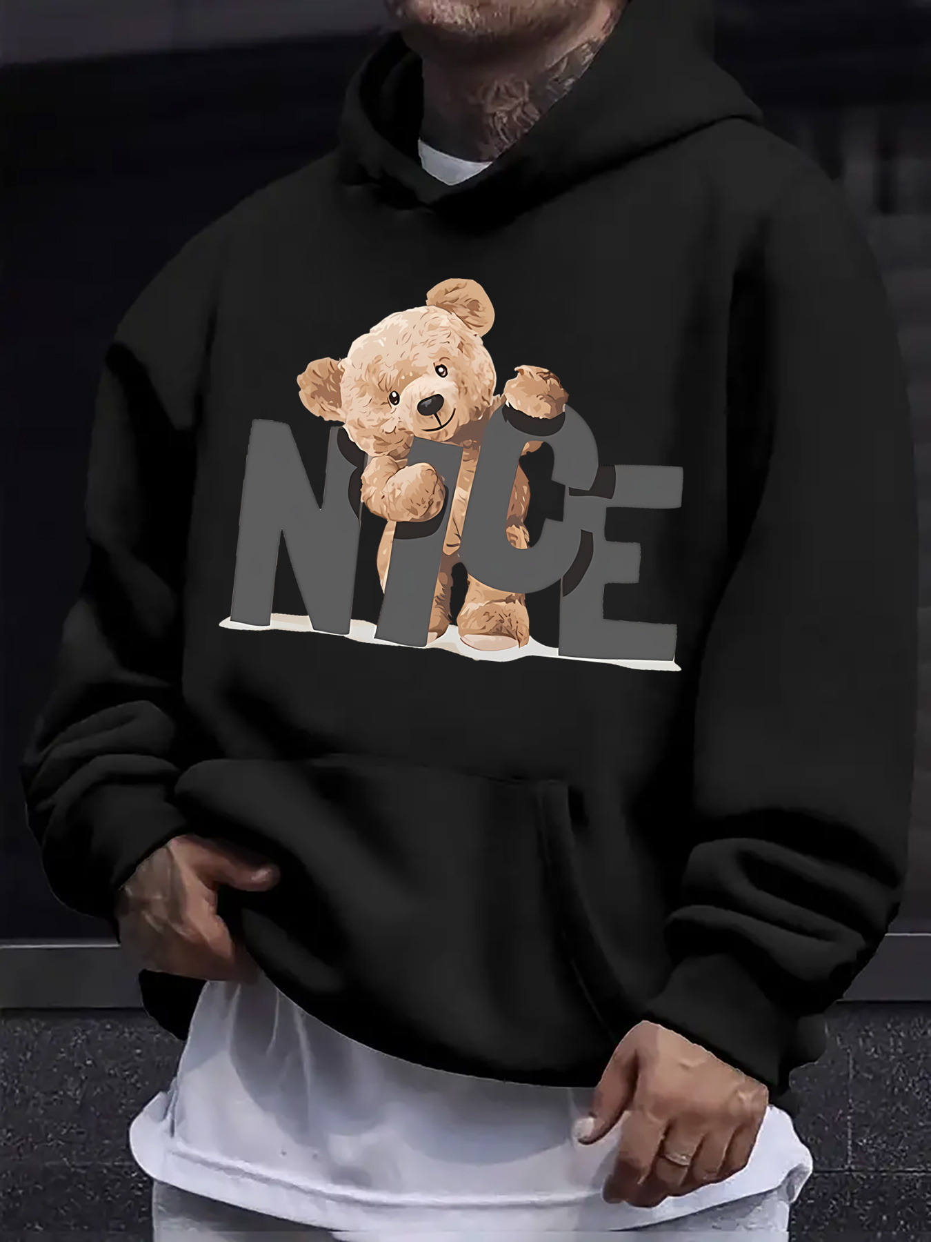 *'s Casual Fashion Printed Cartoon Teddy Bear &*;NICE&*; Letter Oversized  Hooded Sweatshirt Knit Fabric Loose Fit 100% Polyester Hoodie