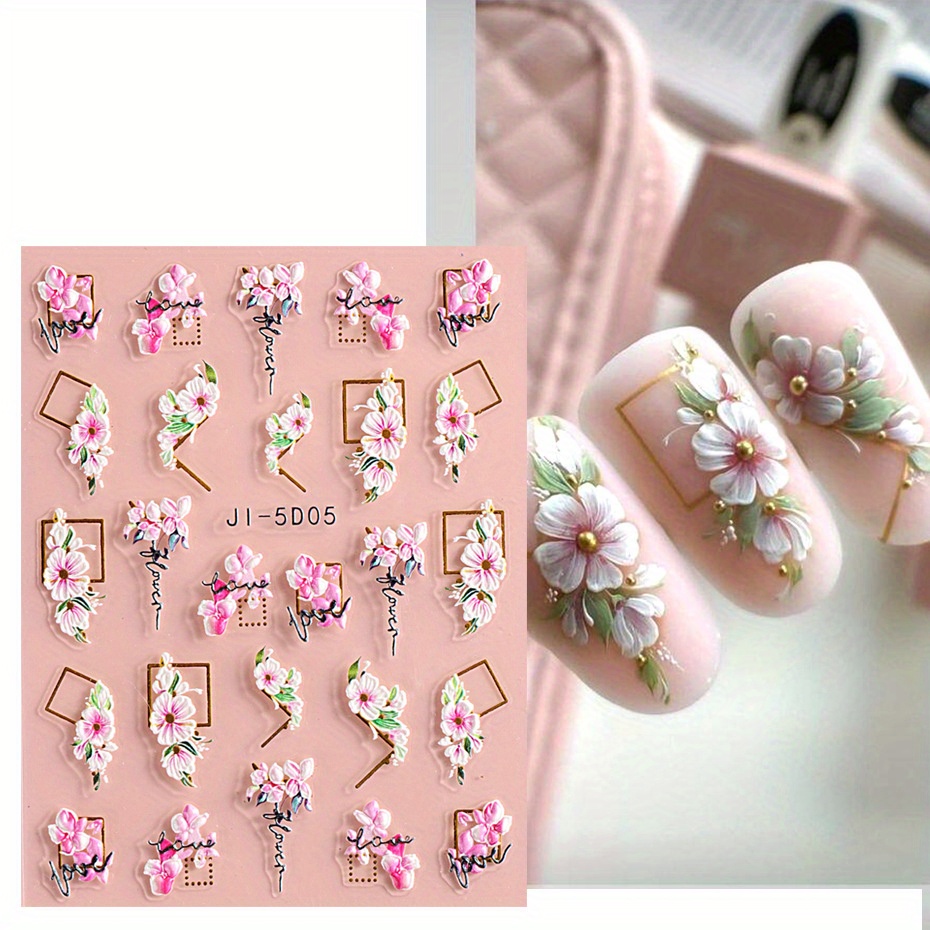 1 Sheet 5d Nail Art Sticker With Back Adhesive, Embossed Roses & Tulips, Lovely, Beautiful & Suitable For Nail Stickers Diy