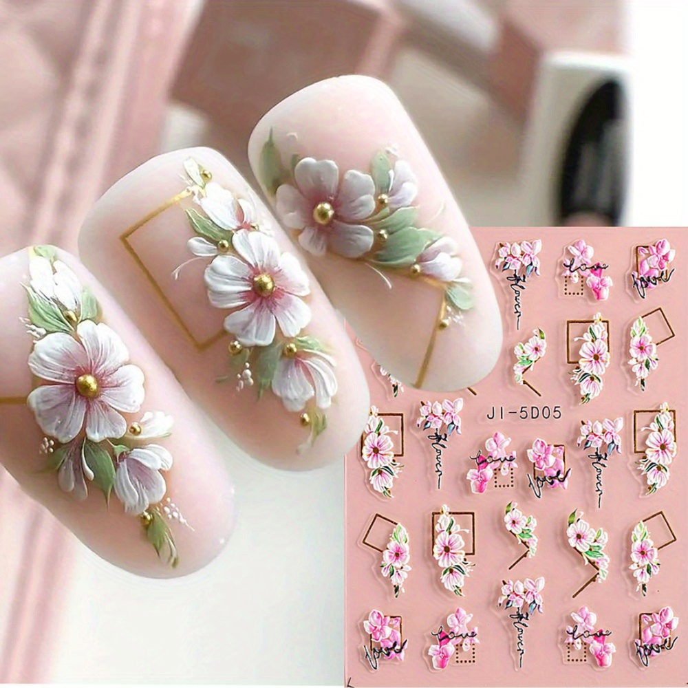 

5d Embossed Nail Art Stickers - Self-adhesive, Glitter Accents For Diy Manicure, Perfect For Women And Girls