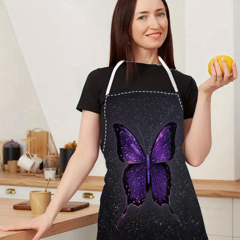 

Elegant Purple Butterfly Print Apron For Kitchen And Restaurant, Unisex, Durable, Washable, Reusable, Sleeveless Cooking Apron, Home Baking, Crafting, Cleaning Accessory, 100% Polyester Woven Fabric