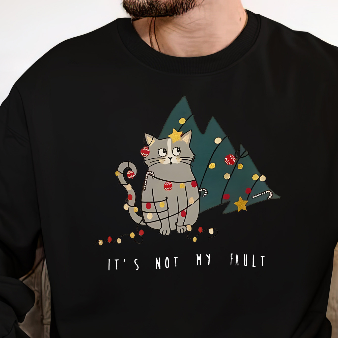 

Little Cat Dressed Up As A Christmas Gift Printed Men's Crew Neck And Long Sleeve Sweatshirt, Casual Style, Breathable, Comfortable, Stylish Street Fashion Pullover Sweatshirt