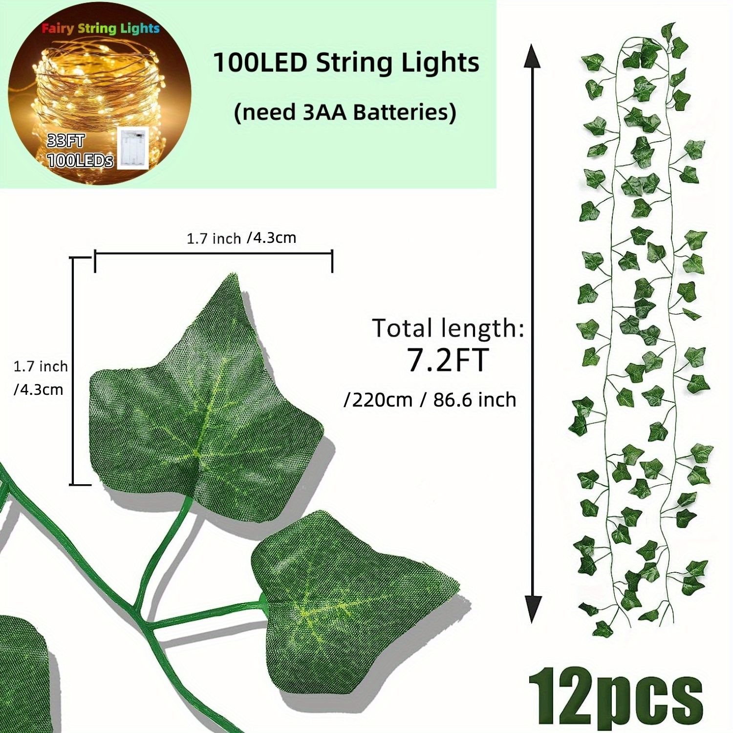 Guirlande Lierre Lumineuse 10m - 100 LED - 8 Modes - Pile - IP65 Intérieur/Extérieur - Télécommande