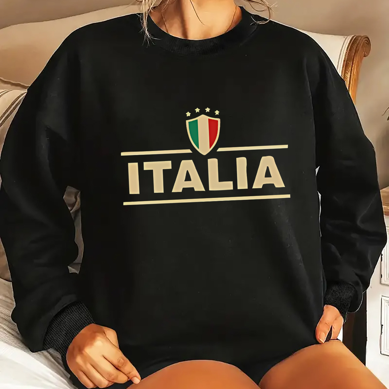 

Cozy Italian Flag Letter Print Fleece-lined Sweatshirt - Long Sleeve, Crew Neck Pullover For Women, Perfect For Fall & Winter