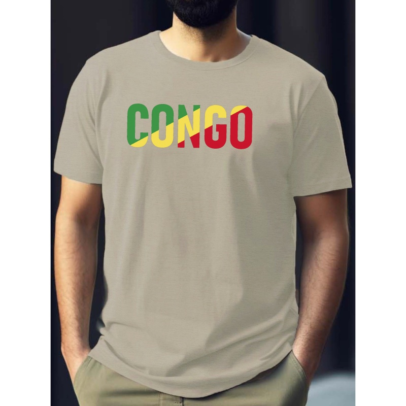 

T-shirt imprimé du Congo pour hommes, T-shirt décontracté à col rond et manches courtes, % polyester tricoté, légèrement extensible, coupe standard, haut à motif géométrique d'été - 150 g/m²