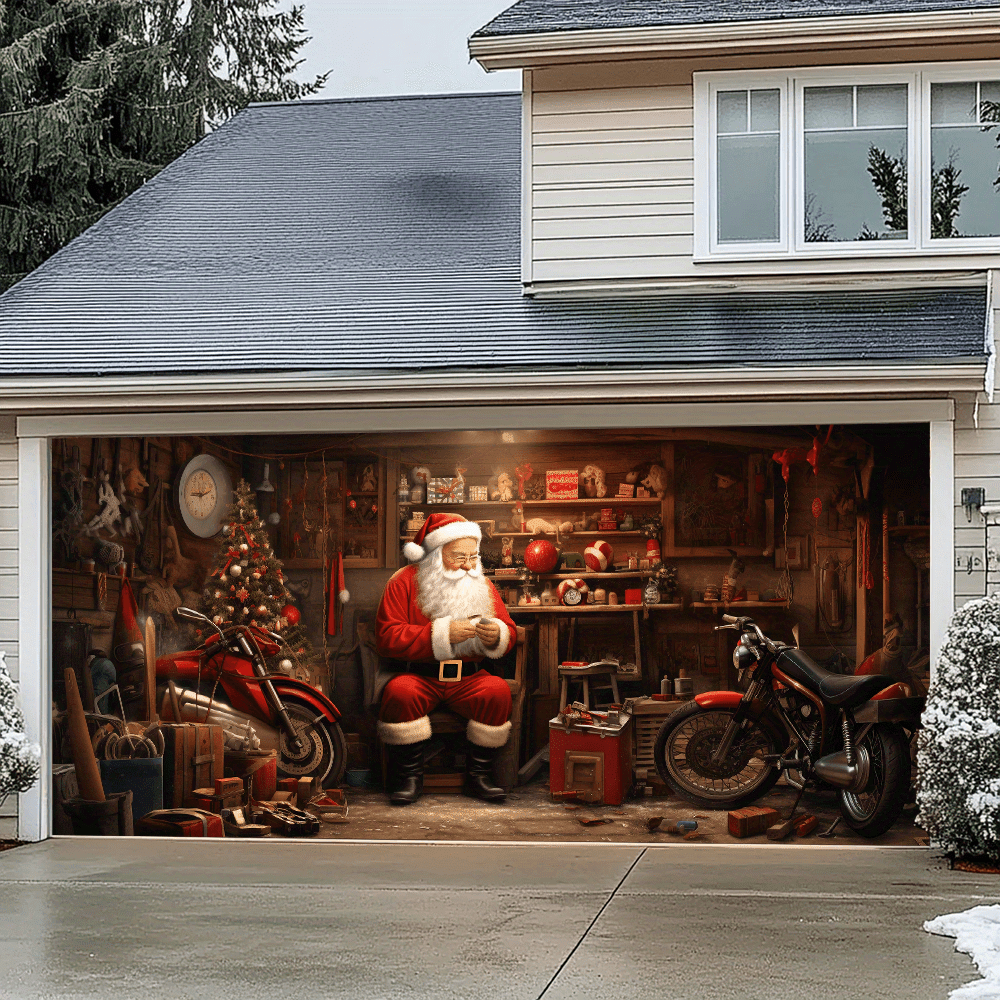 Image of Workshop Garage Door Banner, Christmas Repair Scene Backdrop - 6x13ft Large Polyester Hanging Decoration, Outdoor Decoration For Christmas Festive Wall Decor