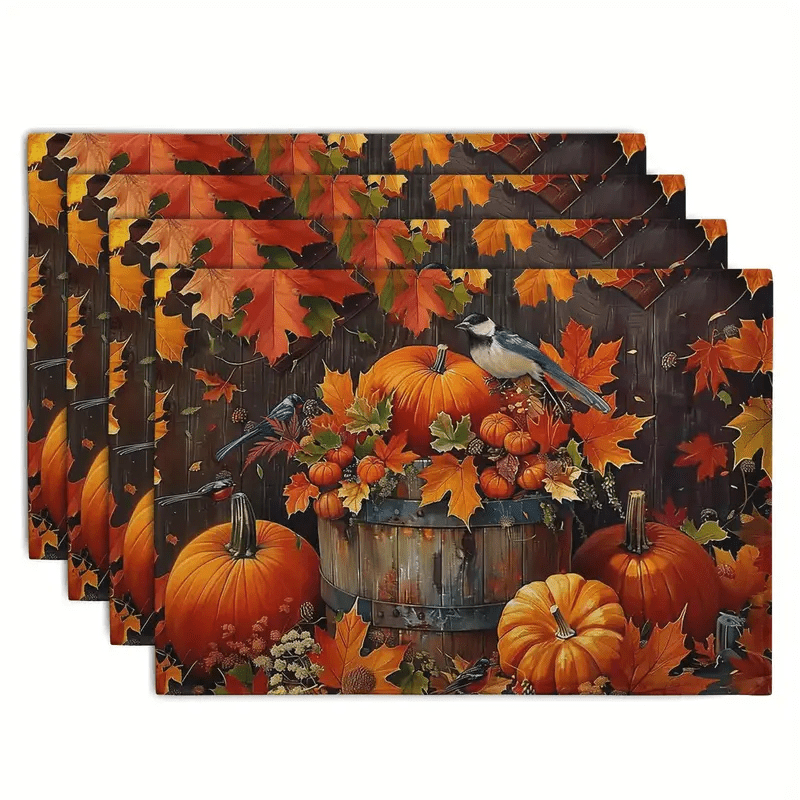 

4-piece Set Autumn Harvest Woven Polyester Place Mats - Pumpkin, Maple Leaves & Bird Design - Machine Washable Rectangular Table Mats For Thanksgiving & Fall Season Decor