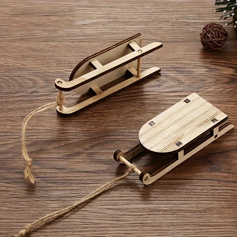 

5-pack Wooden Sled Ornaments For Christmas Tree, Miniature Holiday Sled Decor, Tabletop Accents, Craft For Christmas Decorations, Holiday Accessories