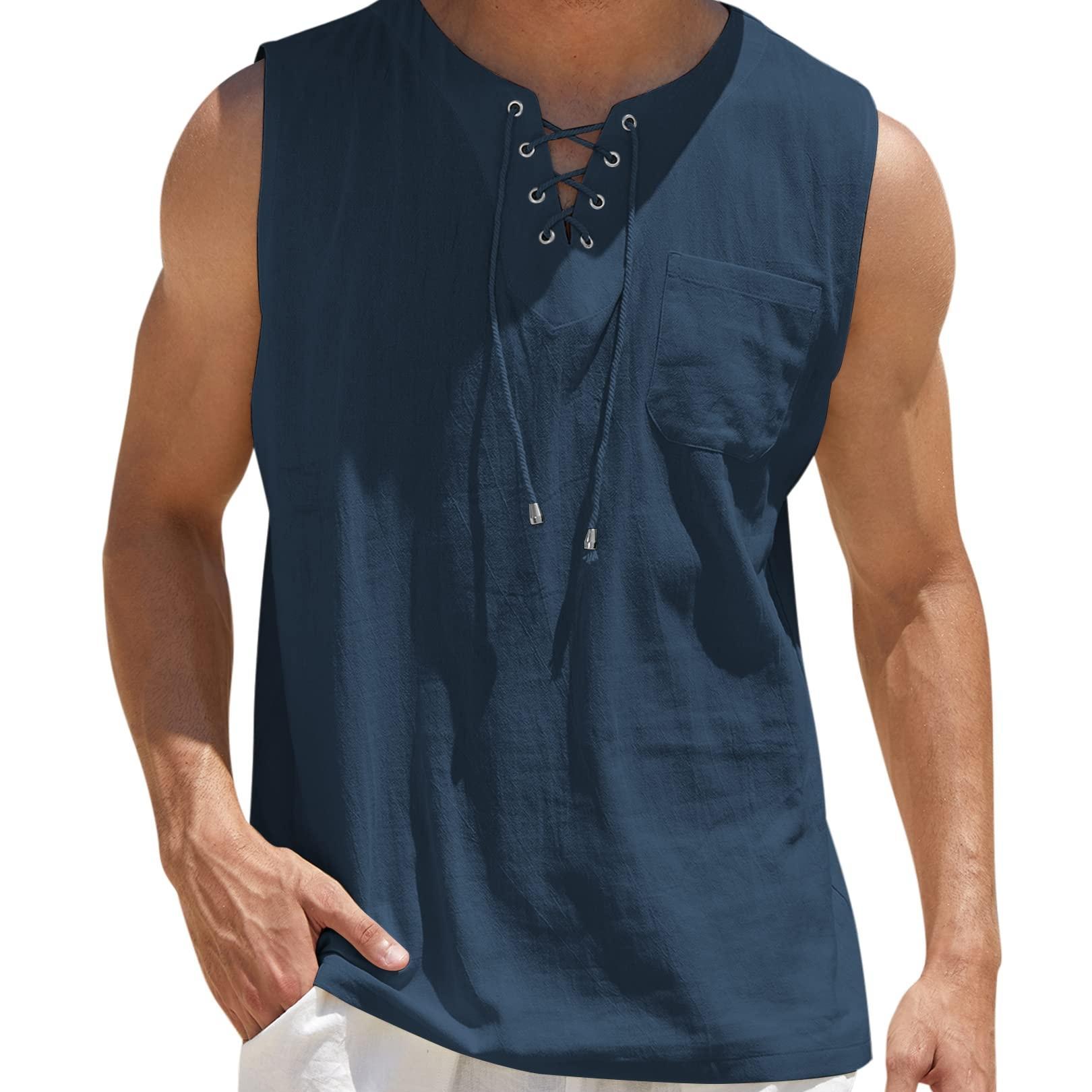 

Men's Cotton Linen Tank Top Shirts Casual Sleeveless Lace Up Beach Hippie Tops Bohemian Renaissance Pirate Tunic