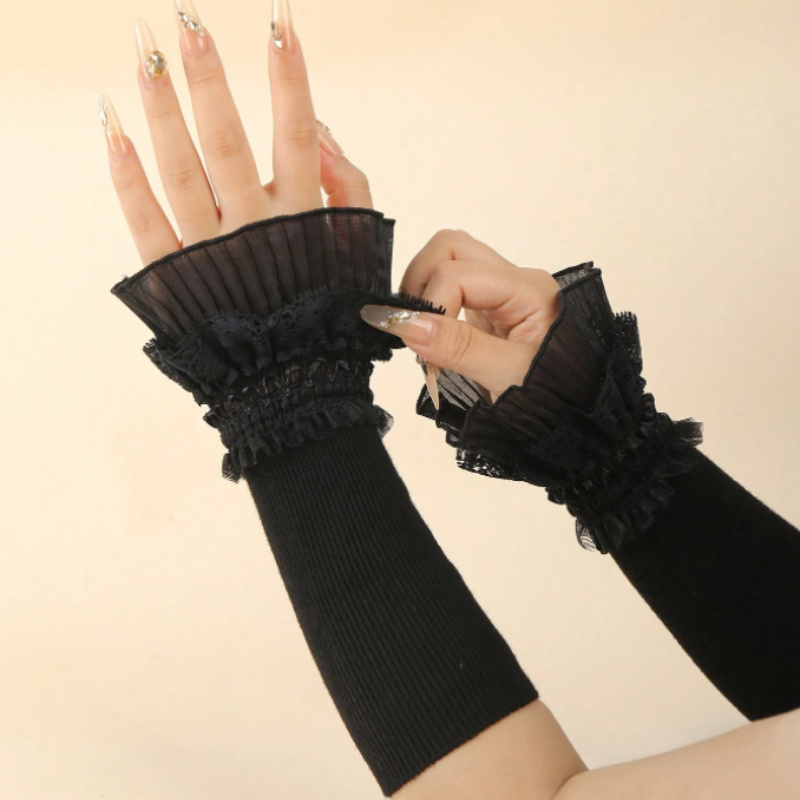 

1 Pair Women' Fingerless Arm Warmers, Lace Knit Cuff, Polyester Stretch Gloves For Casual Wear, Hand Wash Only