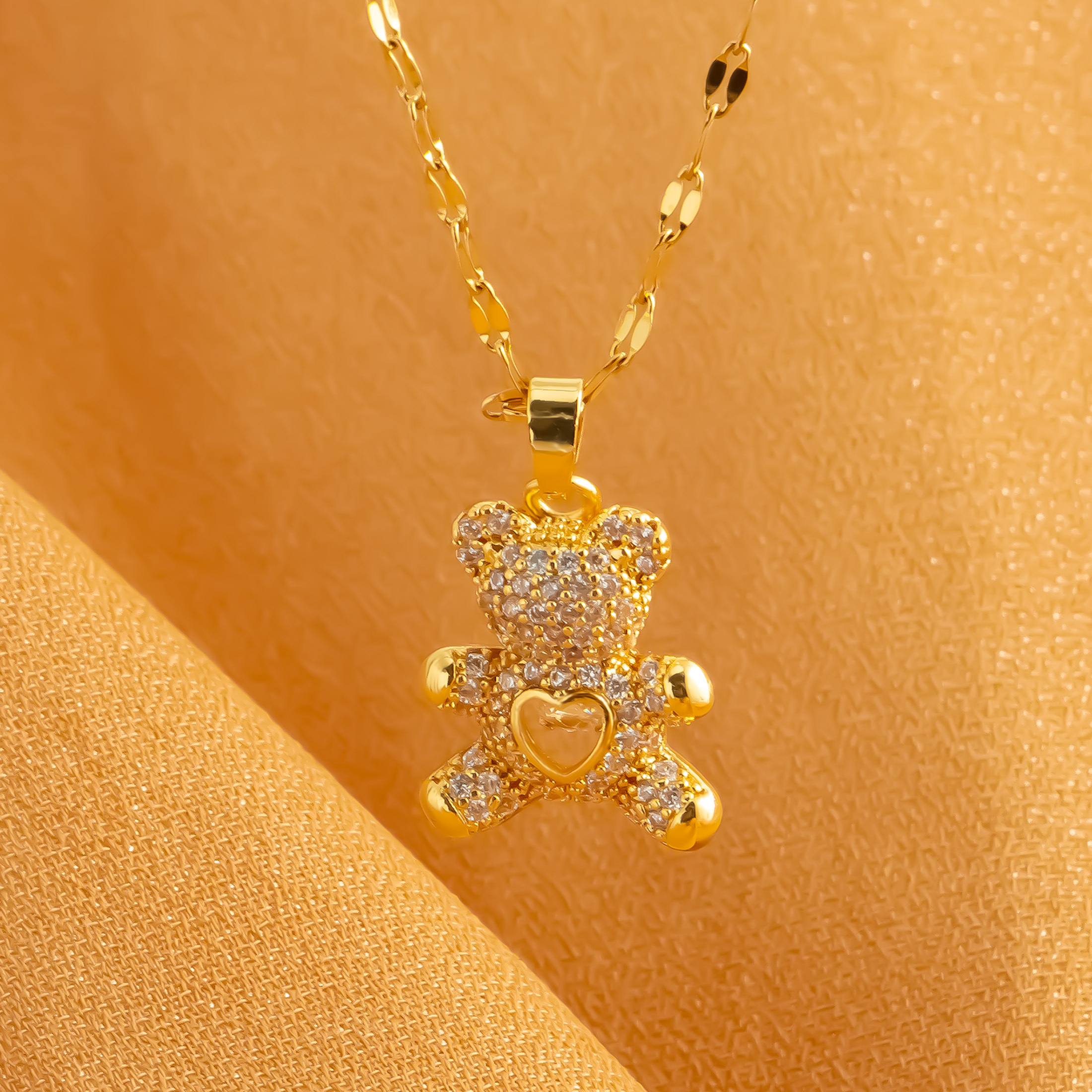 

Cute Gold-tone Teddy Bear Pendant Necklace With Synthetic Cubic Zirconia, Uv Plated Stainless Steel, Simple Fashion Jewelry For Daily Wear, Unisex, Ideal For Vacation & Gift-giving - 1 Piece