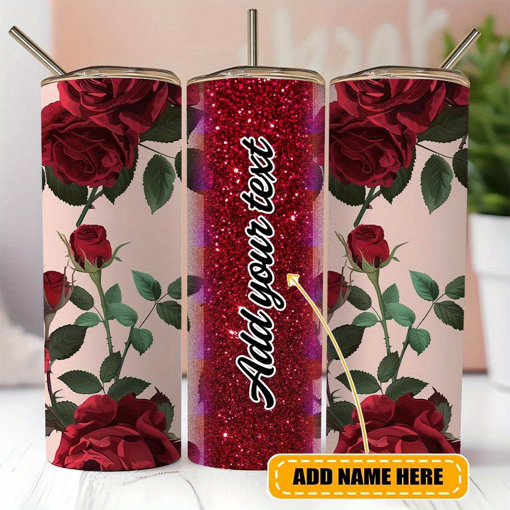 

1pc, Customized 20oz Stainless Steel With Roses - Add Your Own Text, -proof Lid & Reusable Straw - Ideal Multipurpose Insulated Mug - Hand Wash Only