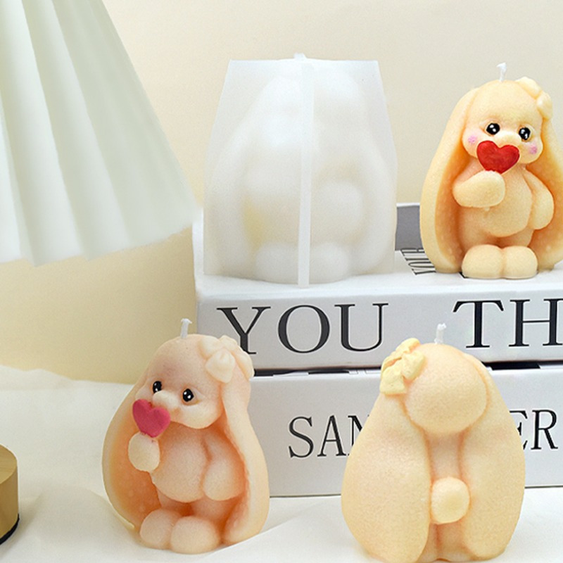 

Silicone Rabbit Candle Mold - Long-ear Bunny Embracing Heart Design For Candle Making