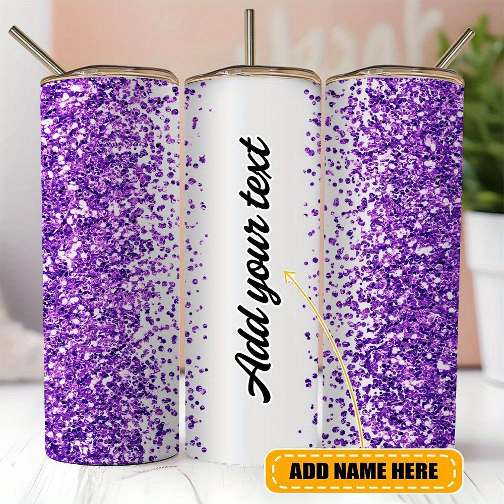 

Custom Products 1pc 20oz Custom Text And Purple Glitter Print Stainless Steel , Leakproof And Insulated Mug Cup With Lid & Straw - Ideal Water Bottle For Sports