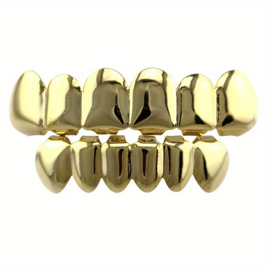 

Hip Hop Glitter Teeth Grills 2-piece Set, Fashionable 6-tooth Gold Plated Fang Vampires Upper And Lower Teeth Caps, Unisex And Thanksgiving Jewelry, Non-electric, Non-rechargeable, Featherless