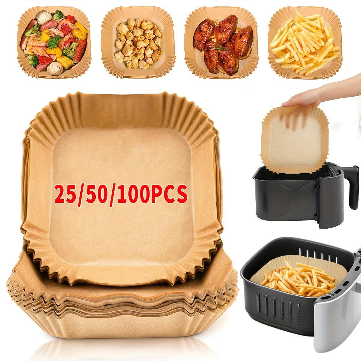 

Air Fryer Liners - 25/50/100pcs, Square Disposable Paper Baskets For 2-8 Quart Models, Oil & Heat Resistant, Frying, Baking, Cooking & Microwaving - Essential Kitchen Accessories