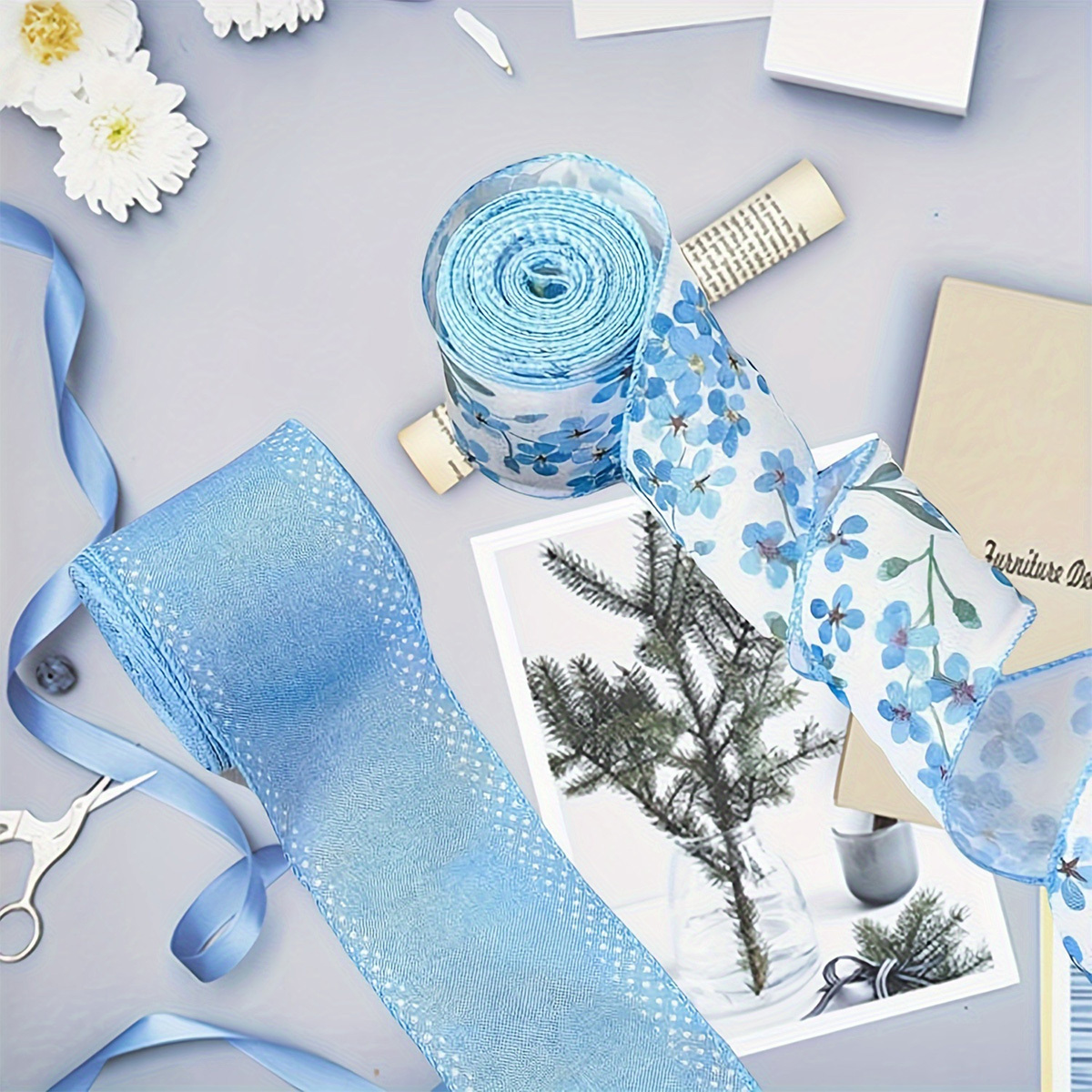 1 set van 2 rollen blauw bloemen vlinder lint met draadrand - Temu Belgium, image size:1200x1200