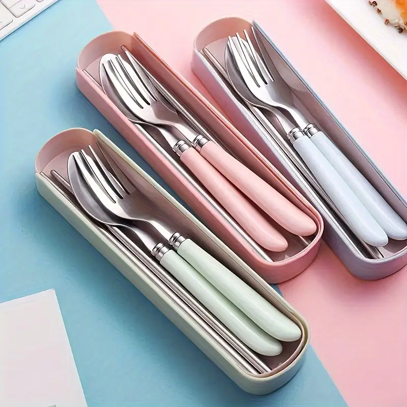 1 set stainless steel cutlery set with chopsticks, forks, spoons - heavy-duty 304 stainless steel, polished glossy surface, /white/blue/green/beige, compact portable tableware with storage case for camping, picnic, travel, everyday use - ideal for home, office, outdoor dining - durable & hygienic, -resistant, elegant table setting, easy to clean, scratch-resistant, lightweight & sturdy construction, cutlery cutlery disposable for party, camping cutlery, Product details 2