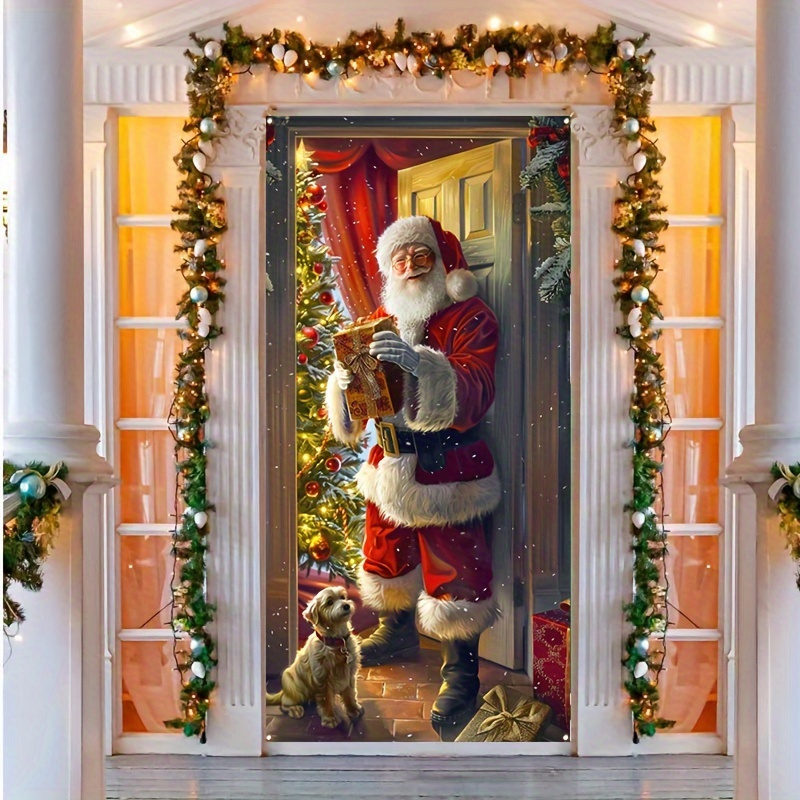 

Santa Claus Door Opening Decoration Banner - 1pc Christmas Holiday Party Flag, Indoor & Outdoor Photo Booth Decoration, Polyester Fiber, No Electricity Needed, 35x70 Inches