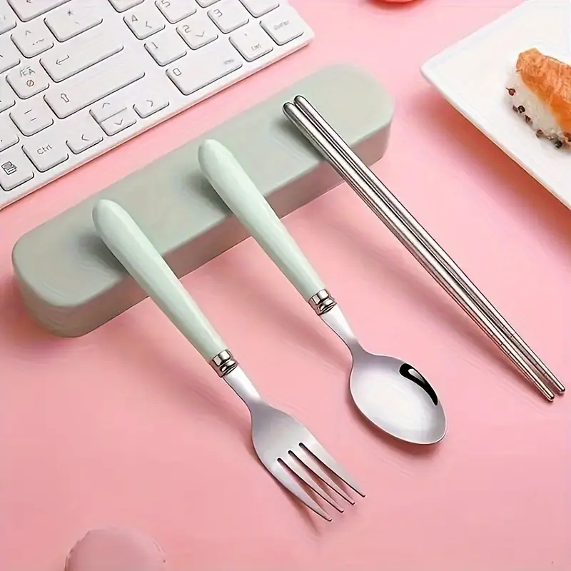 1 set stainless steel cutlery set with chopsticks, forks, spoons - heavy-duty 304 stainless steel, polished glossy surface, /white/blue/green/beige, compact portable tableware with storage case for camping, picnic, travel, everyday use - ideal for home, office, outdoor dining - durable & hygienic, -resistant, elegant table setting, easy to clean, scratch-resistant, lightweight & sturdy construction, cutlery cutlery disposable for party, camping cutlery, Product details 7