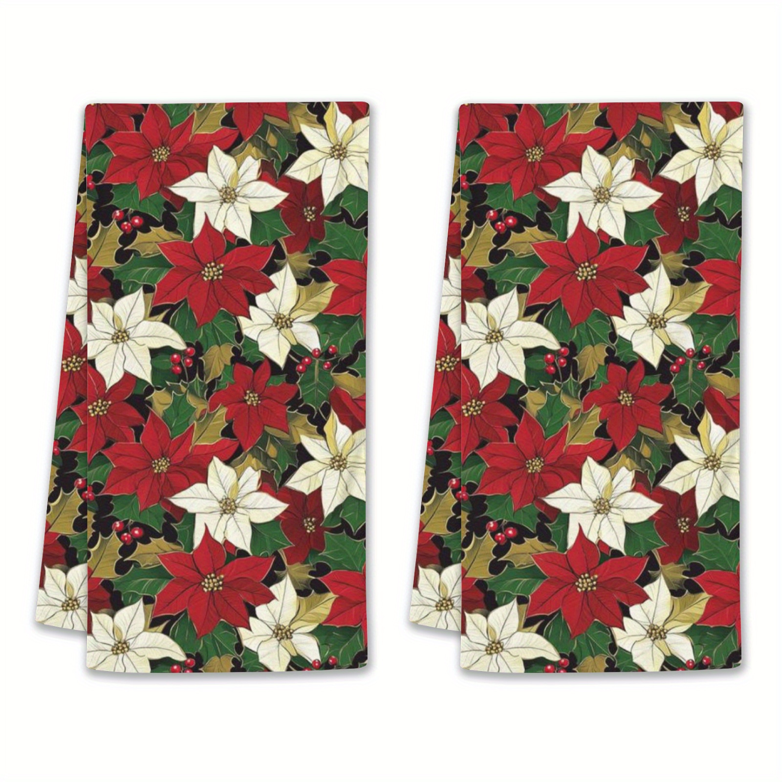 

2pcs Poinsettia Christmas Kitchen Towels - , Absorbent Polyester Dish & Hand Towels For Home Decor, Best For Christmas