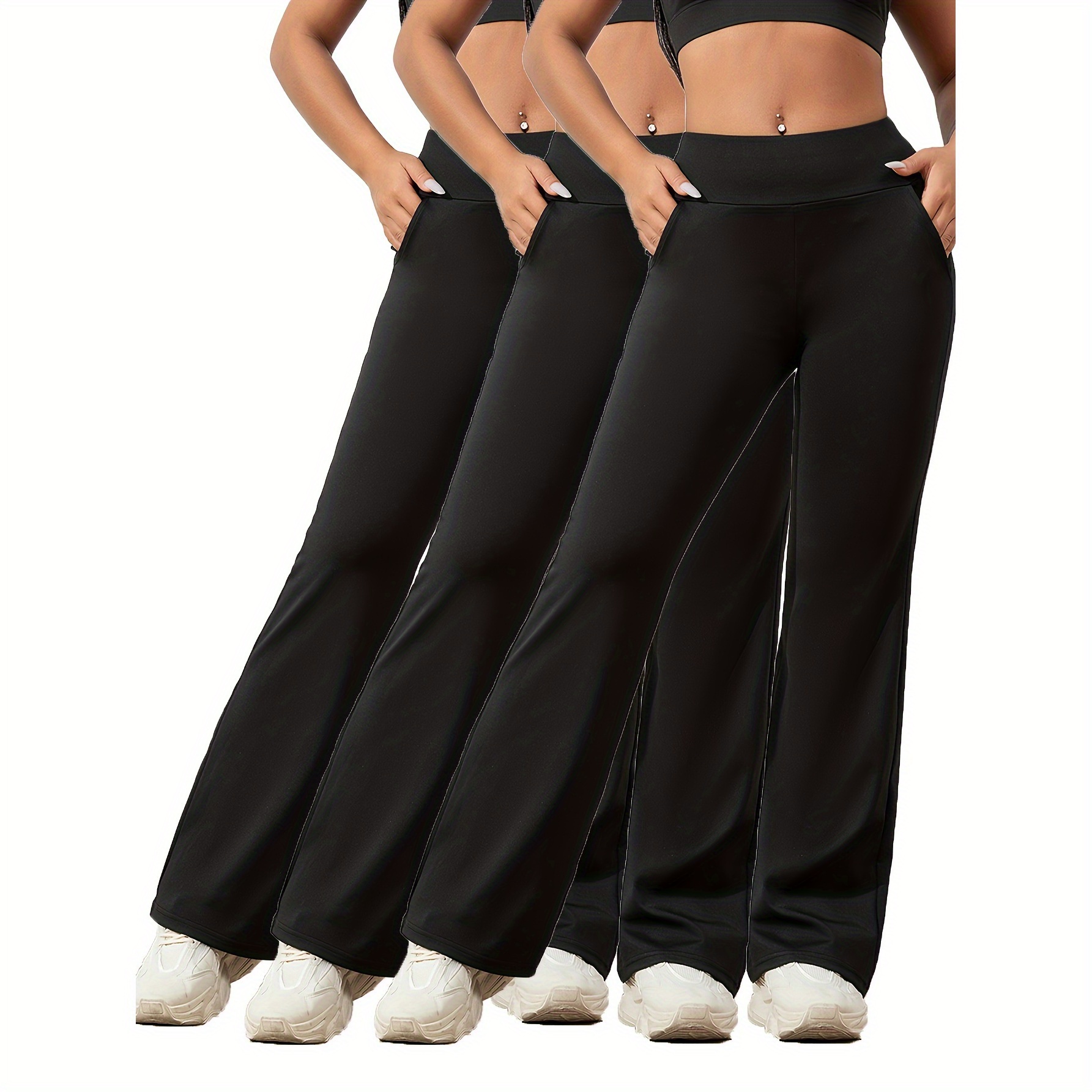 

3pcs High-waist Stretchy Yoga & Dance Pants With Pockets - Slimming, Wide Leg Workout Trousers For Women