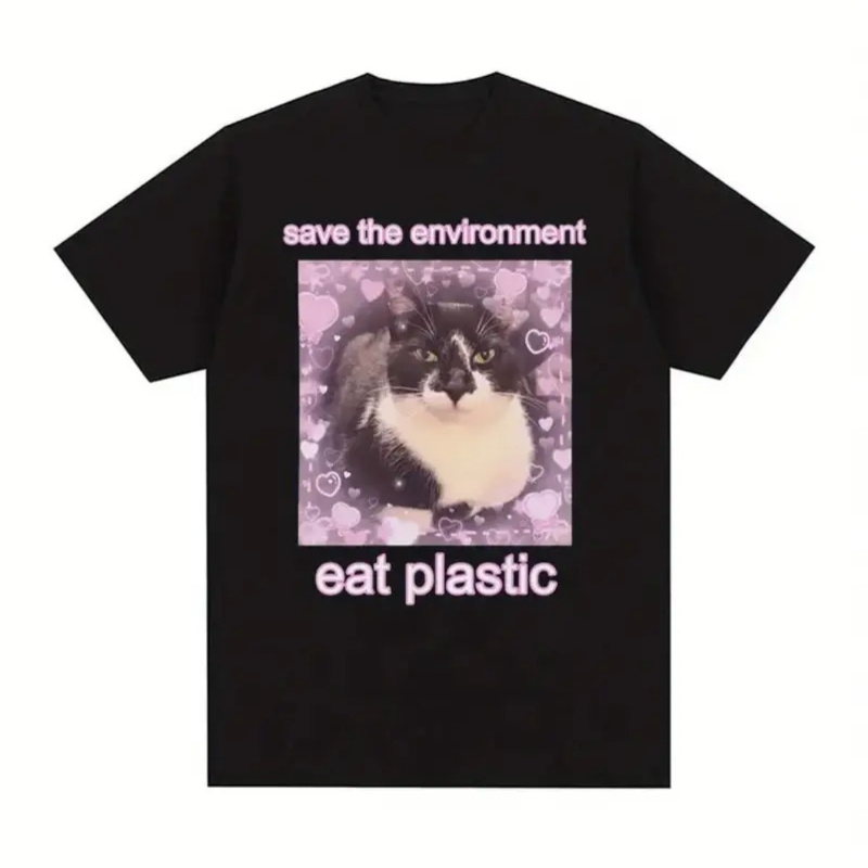 

Save The Eat Plastic Cute Cat Pattern T-shirt Interesting Ladies Round Neck Clothing T-shirt 100% Cotton Oversized T-shirt