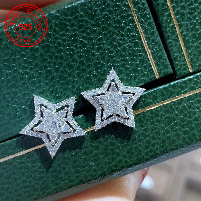 

1 Pair Of Sparkling Star-shaped 925 Sterling Silver Stud Earrings - Sparkling Zirconia Inset, Fashion-forward Personality Jewelry, Glamorous - Hypoallergenic Earrings