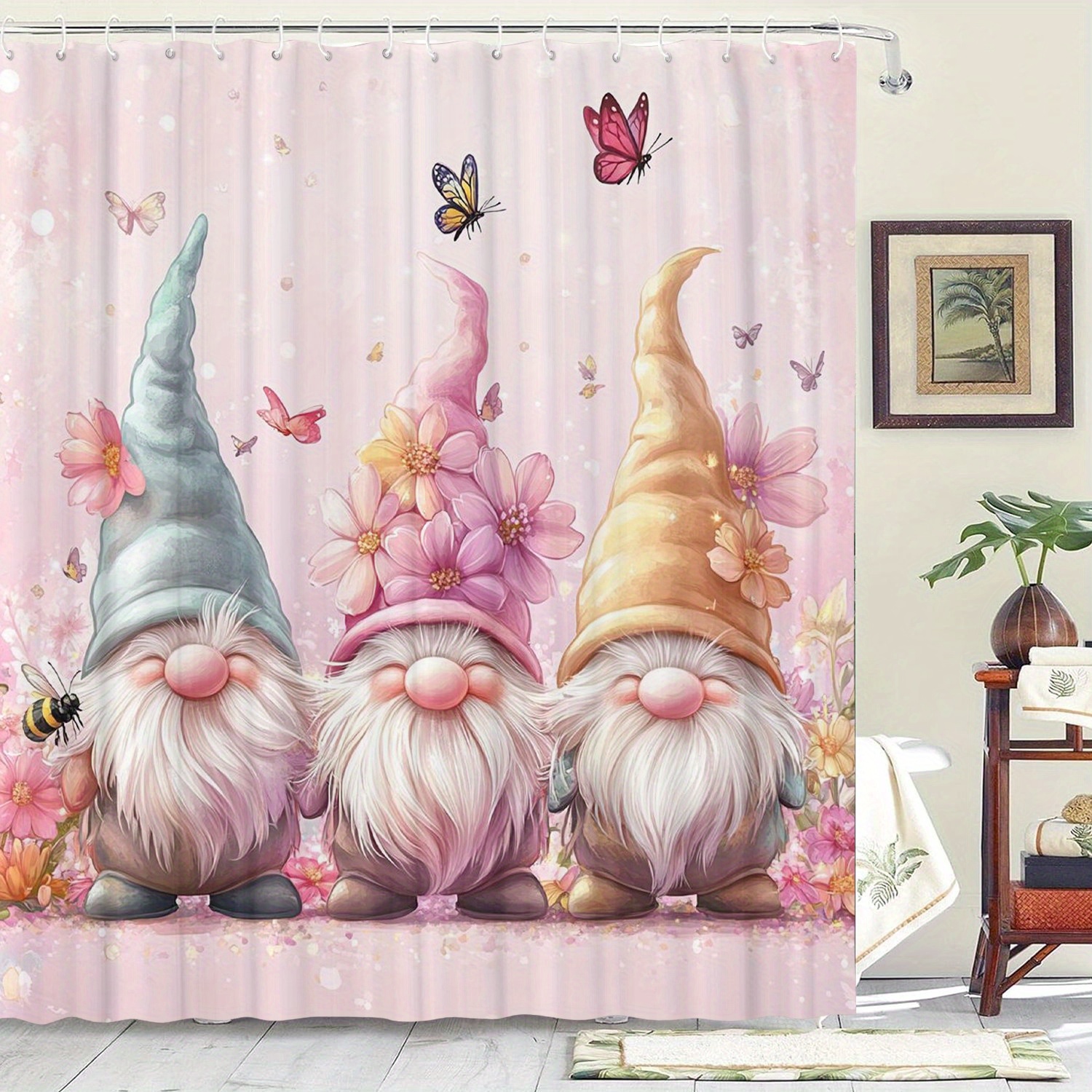 

Gnome & Butterfly Shower Curtain, Waterproof Polyester Blend, 12 Hooks Included, Artistic Graphic Design, Machine Washable, Non-woven Fabric, Bathroom Decor For Home, Kitchen, Hotel