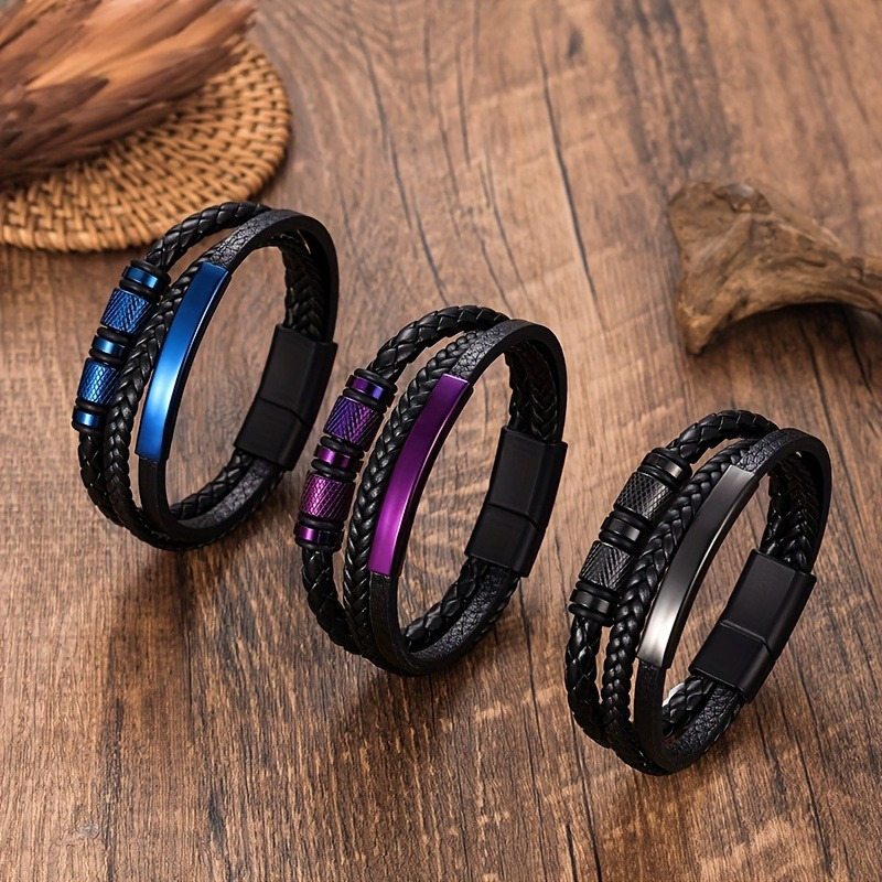 

New Men's Black Stainless Steel Leather Bangle-braided Design And Magnetic Buckle Cool Punk Style