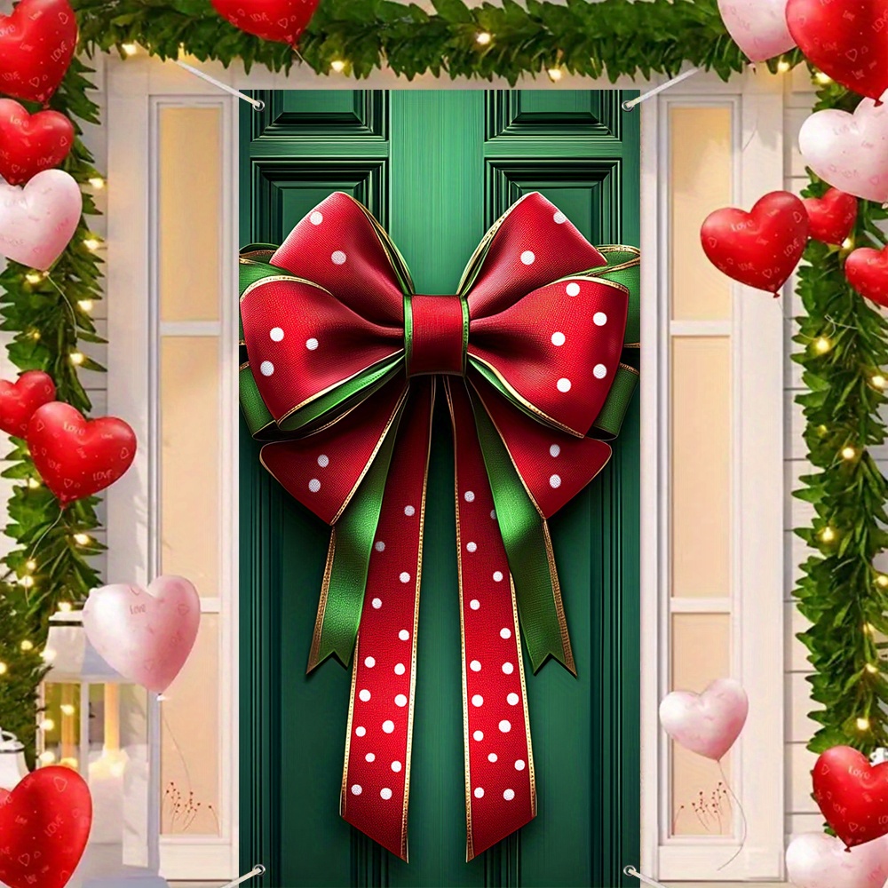 

1pc Polyester Christmas Door Cover Bow Decoration - No Electricity Needed, Large Holiday Door Banner, Winter Gift Box Design, Festive Door Hanging Sign For Home Decor (90cm X 180cm)