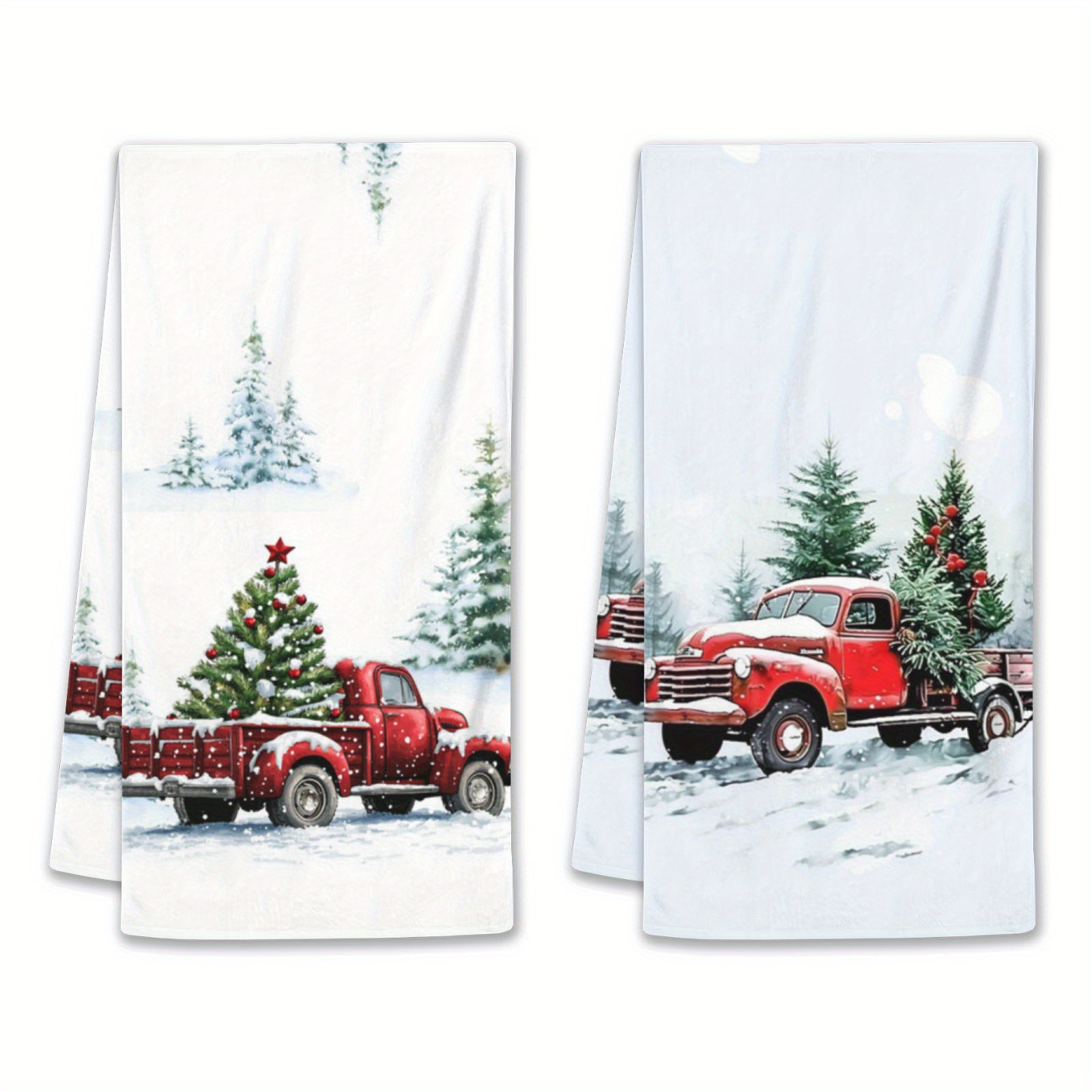 

2pcs Rustic Christmas Kitchen Towels, 18x26 Inch, Vintage Watercolor Red Truck & Christmas Tree Design, Soft Polyester Dish Cloths, Farmhouse Style, Hand Wash Only, For Home, Bathroom, Kitchen Decor