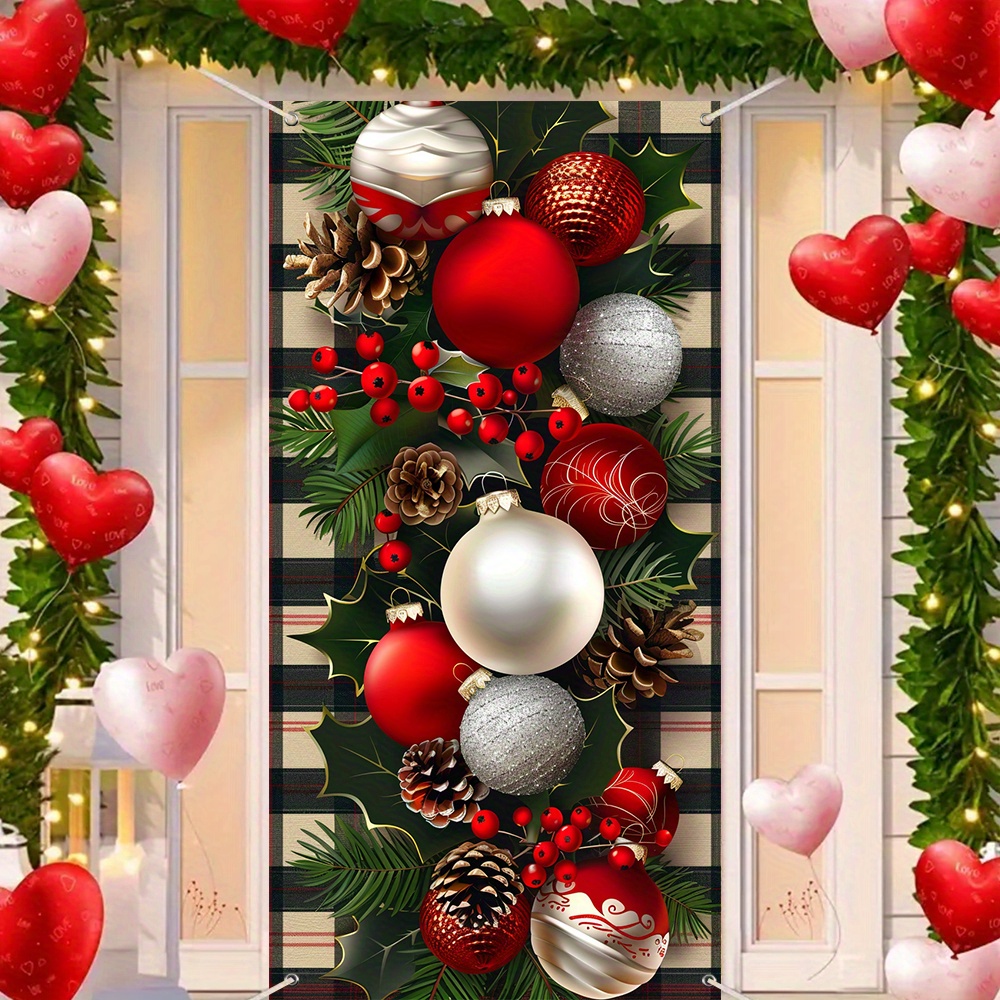 

1pc Christmas Door Decorations Banner - Polyester Hanging Backdrop With Christmas Tree Balls, Ornaments, And Pinecones - No Electricity Required - Merry Christmas Photo Booth Prop For 20 Doors