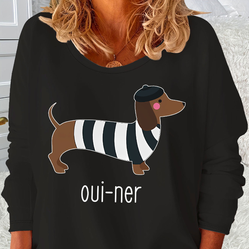 

Cartoon Dachshund & Letter Print Lounge Top For Fall, Long Sleeve Round Neck Top, Women's Loungewear