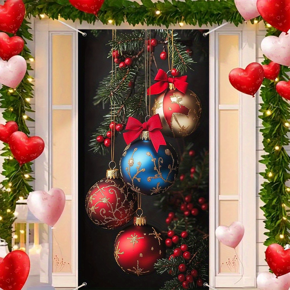 

Merry Christmas Door Banner - 35.4in X 70.8in Holiday Decoration, No-power Needed, Polyester Outdoor Hanging Backdrop With Christmas Tree & Ball Ornaments For Home Entrance